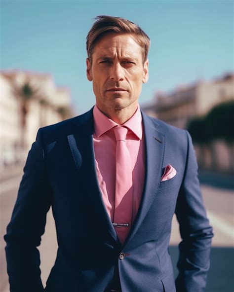 blue suit with pink tie.